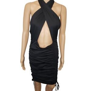 Munya5add New‎ Blush Mark Ruched Midi Dress Black Halter Tie Back Criss Cross L